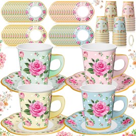 Umigy 60 Sets Tea Party Decorations Floral Paper Tea Cups with Handle and Plates Disposable Blossom Teacups and Saucers Sets with Tape for Hot Cold Drink Birthday(Pink Blue Yellow Green,9 oz)