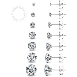 YADOCA 7 Pairs Women's Stud Earrings Silver Cubic Zirconia Stud Earrings Set 316L Stainless Steel Hypoallergenic Unisex Small Sleeping Cartilage Stud Earrings 2-8 mm, Stainless Steel