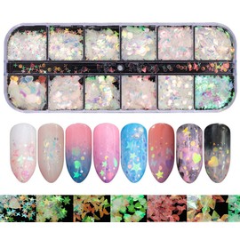12 Holographic Laser Mermaid Nail Sequins Beauties Factory Flake Heart Butterfly Confetti Art Decals Iridescent Glitter Star Round Moon Shapes Designs Manicure Tips DIY Decorations