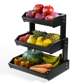 HOLANA Acacia Wood Fruit Basket - 3-Tier Fruit Bowl for Kitchen Counter, Extra Large 16x12.5x18 in, Fruteros Para Cocina, Fruit and Vegetable Storage (3 Tier Black)