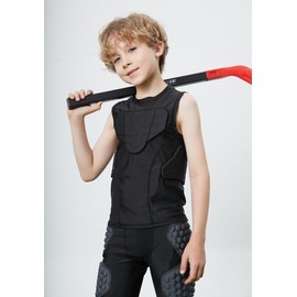 Topeter Padded Compression Shirt with Chest, Rib, Back Protection for Baseball, Football, Lacrosse, Goalies and Sports Competition for Kids (YS)