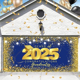 Graduation Garage Door Cover Banner Blue Gold Glitter Class of 2025 Decorations Backdrop 7x16ft Large 2025 Graduation Ceremony Congratulations Graduates Prom Garage Door Party Garage Door Banner
