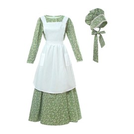 ROLECOS Pioneer Prairie Costume Womens Colonial Pilgrim Costume Amish Dress Pioneer Trek Dresses 3 Pcs Green L