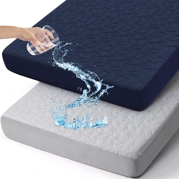 ACRABROS Crib Mattress Protector, 2 Pack Waterproof Toddler Crib Mattress Pads, Universal Fit Quilted Mattress Cover for Boys Girls,Ultra Soft, Gray & Navy Blue