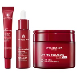 Yves Rocher SUPER SET Lift Pro Collagene con Bakuchiol, Ácido Hialurónico Y Colágeno Vegetal: Crema Intensiva Dia y Noche (75 ml) + Contorno De Ojos Rellenador De Arrugas Y Bolsas (14 ml) + Sérum Ultra Concentrado Anti-Arrugas (30 ml)