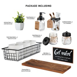 SheeChung Mason Jars Floating Shelves Set for Bathroom - 16oz Soap Dispenser, Toothbrush Holder, 2Pcs Qtip Holders, Paper Storage, Wall Mounted Farmhouse Decor, Artificial Plant, Decor Sign-Brown