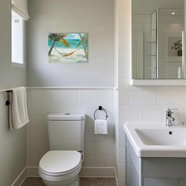 JZLDZS Beach Tropical Hammock Palm Tree Wall Art Coastal Bathroom Decor Modern Seascape Pictures for Bedroom Living Room Kitchen, 16x12 Inch Framed Vintage ﻿Seaside Canvas Print Artwork