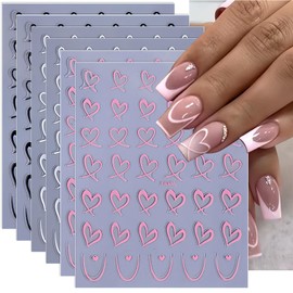 HIFANMM Valentines Day Nail Art Stickers Decals, Love Heart Nail Decorations, 3D Self-Adhesive White Pink Black Hearts Nail Supplies, Valentines Nail Accessories for Women Girls 6 Sheets