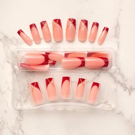 PureGlow Co Medium Press on Nails Long Square Acrylic False Nails Red French Tip Glitter Curve Stripes Designs Full Cover Glossy 24PCS