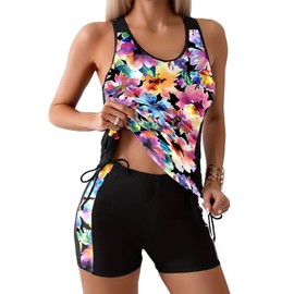 Dokotoo Tankini Swimsuits for Women Tummy Control Bathing Suits Floral Tankini Top with Shorts Side Drawstring Two Piece Swimwear Multicolor Small