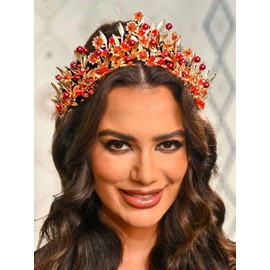 Yean Red Baroque Wedding Crown Gold Royal Quinceanera Headwear Leaf Vintage Bridal Headpiece for Women