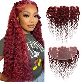 ALHER 99j Dark Burgundy Water Wave 13x6 HD Lace Frontal, 100% Unprocessed Virgin Remy Hair Pre Plucked With Baby Hair 10A Cherry Red Wine Color Wet n Wavy Curly Ear to Ear 13X6 Frontal Closure 16 Inch