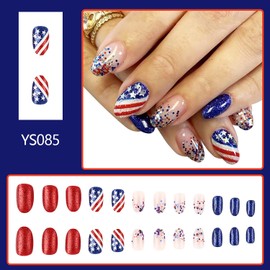 FOXIIU Press on Nails Independence Day Glossy Full Cover Acrylic French False Nails with Patriotic Designs July 4th Holiday Artificial Fake Nails USA Flag Glue ons Fingernails for Women Girls(YS085)