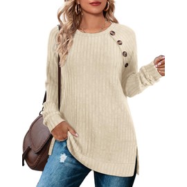 Bofell Sweaters for Women Trendy Fall Tunic Shirts for Women to Wear with Leggings Dresy Casual Loose Fit Apricot S