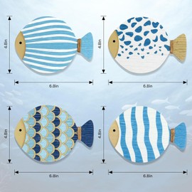 FLCSIed 4 Ps Wood Fish Nautical Beach Wall Decor Wall Art Hanging Ocean Decor Vintage Blue Fish Ornaments for Home Bedroom Kid's Room (4, Blue dots)
