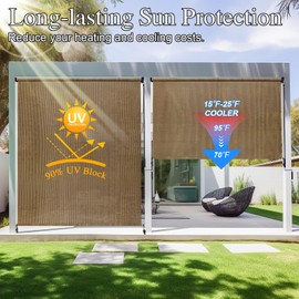 Amagenix Outdoor Roller Shade 8'(W) X 6'(H), Exterior Cordless Patio Shades Roll Up Outdoor Blinds with 90% UV Protection, Two-Section Poles with One-Piece Fabric, Coffee Brown