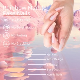 Kuiini Mov 24Pcs Press on Nails Medium Almond Fake Nails Rainbow Marble False Nails with Design Acrylic Artificial Glossy Design Nail Tips, Reusable Stick on Nails in 12 Sizes,Acrylic Medium Nail Tips