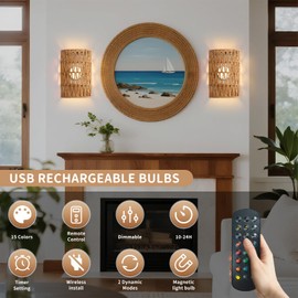 Povectolay Battery Powered Wall Sconce, Rattan Rechargeable Wall lamp, Bohemian Wall Sconces with Remote Control RGB Dimmable, Wireless Wall Sconce Set of 2 for Bedroom, Hallway, Living Room