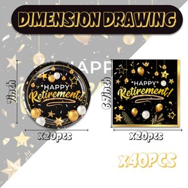 40 Pcs Retirement Themed Birthday Party Supplies - Black Gold Theme Plates & Napkins Baby Shower Decorations