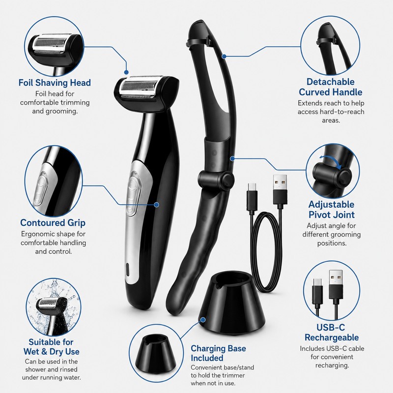 Electric Back Shaver for Men – Detachable Long Handle Body