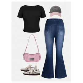 Verdusa Girl's 2 Piece Y2k Bow Outfits Short Sleeve Tees Lace Up Flare Jeans Set with Pocket Black 10Y