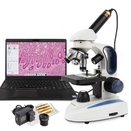AmScope M158C-2L-E Digital Cordless Compound Monocular Microscope, WF10x and WF25x Eyepieces, 40x-1000x Magnification, Upper and Lower LED Illumination with Rheostat, Brightfield, Single-Lens Condenser, Coaxial Coarse and Fine Focus, Plain Stage, 110V or