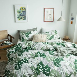 YuHeGuoJi Tropical Green Duvet Cover Queen 100% Cotton Coastal Monstera Leaves Duvet Cover 3 Pcs Set 1 Hawaiian Botanical Duvet Cover with Zipper Ties 2 Pillowcases Plant Print Bedding Set Soft