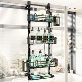 HapiRm 4 Tier Over the Door Shower Caddy, Hanging Shower Caddy with 22 Hooks and 2 Toothbrush Holders, No Drilling Adjustable Hanging Bathroom Organizer - Black