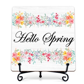 seclate Spring Decor, Hello Spring Wooden Sign, Floral Wreath Desk Wood Decor with Iron Stand, Easter Gifts Wood Sign Desk Decor for Home Office Bedroom Table Centerpieces - B03
