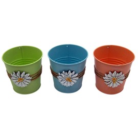 Wowser Pastel Metal Bucket Planters with Rope and Flower Design, Garden Décor, Set of 3, Assorted Colors, 5 Inches