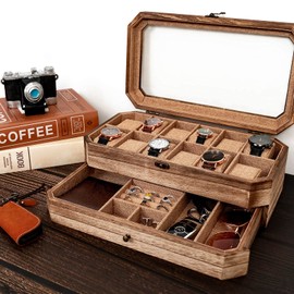 DGWJSU Watch Case for Men, 12 Slot Large Capacity Watch Box for Men, 2 Tier Solid Wooden Watch Holder Organizer for Men, Mens Jewelry Box With Drawer, Father's Day Birthday Gifts for Men