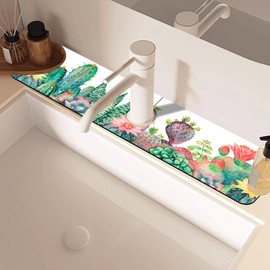 Watercolor Cactus Floral Sink Faucet Absorbing Mat Sink Splash Guard Faucet Mat Draining Mat Fast Drying Sink Protectors for Kitchen and Bathroom 5.5"×24"