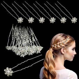 Trimming Shop Crystal Silver Rose Flower Hair Pins: Bridal Wedding Clips with Rhinestone Flowers - Elegant Hair Jewelry Accessories for Women, Wedding Bridal Hairstyle, Prom Party, Pack of 10