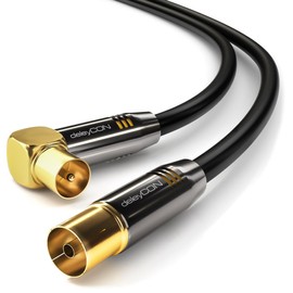 deleyCON TV Antenna Cable 7.5m (24.61 ft.) Coaxial Cable Gold-plated connector 1x 90° angle 1x straight Metal Connector UltraHD FullHD HDTV - Black