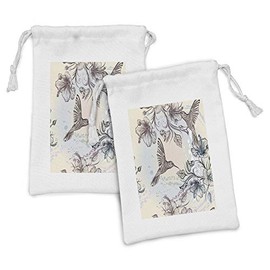 Ambesonne Hummingbird Fabric Pouch Set of 2, Birds and Hibiscus Flowers Nostalgia Antique Design Classical Print, Small Drawstring Bag for Toiletries Masks and Favors, 9" x 6", Teal Brown