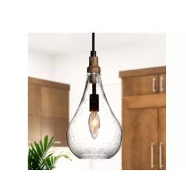 Uolfin Farmhouse Teardrop Maya 1-Light Black Wood Pendant Light w/ Seeded Shade