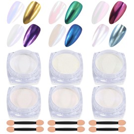 editTime 6 Boxes Moonlight White Chrome Nail Powder Transparent Color Aurora Pearl Magic Clear Pearlescent Mirror Effect Holographic White Shimmer Sugar Pigment Dust Nail Glitter (6 Color Moonlight)