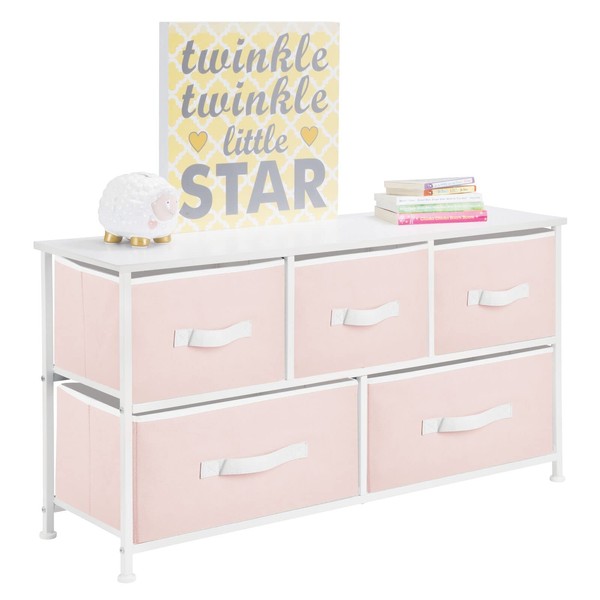 mDesign Wide Steel Frame/Wood Top Storage Dresser Furniture with 5 Fabric Drawers, Large Bureau Organizer for Baby, Kid, and Teen Bedroom, Nursery, Playroom, Dorm - Jane Collection, Pink/White, Pack of 1