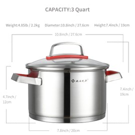 NANFANG BROTHERS 3 Quart Stainless Steel Stock Pot with Glass Lid 316 Food Grade Copper Core Nonstick Stew Pot, Five Ply Compound Pot Bottom, Anti-scratch Pot Body, Dishwasher Safe 4.8lb (9×7.5 inch)