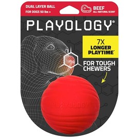 Playology Pelota De Doble Capa para Perros, Juguete De Perro Rojo con Aroma A Carne De Res Natural, Bola De Masticación De Tamaño Jumbo para Perros Grandes A Extra Grandes