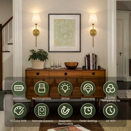 Battery Operated Wall Sconce Set of 2, 15 Colors Wireless Wall Light With Dimmable Remote Control Last 20-60 Hours, Gold Rechargeable Wall Lamp With White Fabric Shade For Living Room Bedroom Hallway