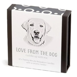 Labrador - Love from The Dog - Cotton & Grey - Twenty Minute Candles - Pack of 12 with a Ceramic Holder - Beeswax - Dripless