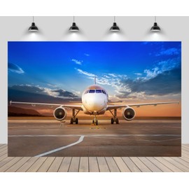 CHNYWORK 7ftx5ft Airplane Photography Backdrop Aircraft Parking Airport Runway Blue Sunset Sky Scenery Background Pilot Theme Birthday Party Decor Holiday Travel Portrait Shoot Studio Props