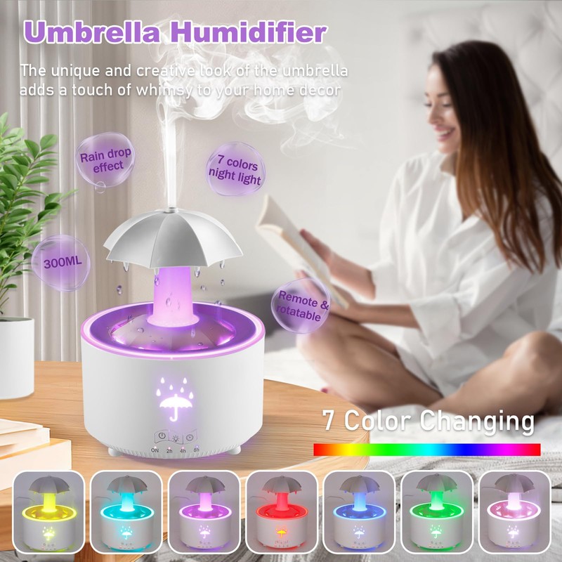 Humidifier for Bedroom, 7-Color Rotating Umbrella Diffuser with Rain Drop