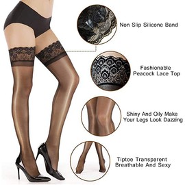 Toulifly Women's Hold up Stockings, Black Stockings with Lace, 2 Pairs Thigh High Stockings, Hold-Up Stockings,Anti-skid Over Knee Stockings,Transparent Comfortable Stockings
