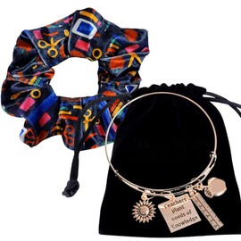 Teacher Gift Set, Special Teacher Charm Bracelet and Teacher Scrunchie Hair Accessories, Teacher Appreciation Jewelry Gift Bundle (Plant Seed- Gold)