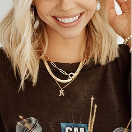 Fiusem Necklace for Women, 14K Gold Plated Herringbone Chain for women， Herringbone Snake Chain Necklace, 5mm(W) 16"(L)