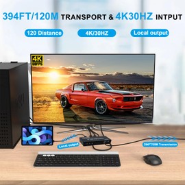 4K@30HZ 394ft/120m Kvm HDMI Extender, HDMI over Ethernet Extender Balancer Adapter, Support 4k@30HZ Input and Output, Bi-Directional IR, Memory Function, Local Out Suitable for Cinema Meeting teaching