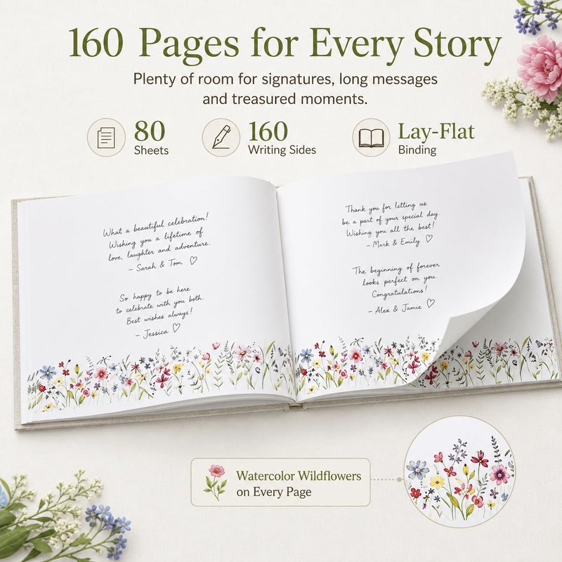 Embroidered Linen Wedding Guest Book, 160 Pages, Rustic Floral