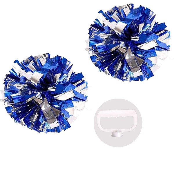 PUZINE Pack of 2 Cheerleading Metallic Foil & Plastic Ring Pom Poms Cheerleading Poms (Blue and Silver)